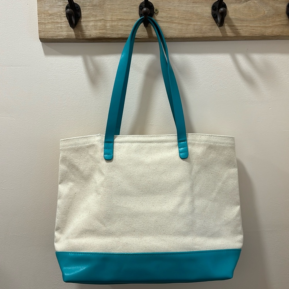 Bloomingdale’s canvas tote with aqua trim. Brand new!